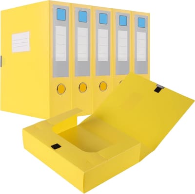 Foolscap archiefdozen set van 6, opvouwbare A4-dossierdozen met kleverige knop, 75 mm rug voor thuiskantoor en documentorganisatie - geel en praktisch