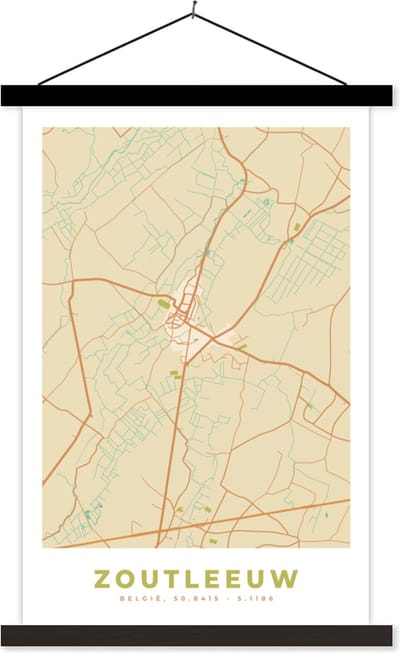 Posterhanger incl. Poster 40x60 cm - Schoolplaat - Zoutleeuw - België - Stadskaart - Kaart - Plattegrond - Textielposter - Zwarte latten - Stadskaart