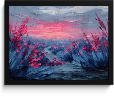 Poster in lijst - Fotolijst 40x30 cm - Posters - Schilderij - Zonsondergang - Bloemen - Rivier - Posterlijst zwart - Decoratie - Wanddecoratie woonkamer - Muurdecoratie slaapkamer