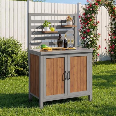 Tuinkast Hout - Gereedschapskast Outdoor - Terras Opbergen - Roestvrijstalen Werkblad - 80x54x148.5cm - Houtkleur