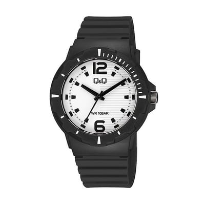 Q&Q V02A-005VY - Horloge - Sport - Analoog - Heren - Mannen - Plastic band - Rond - Cijfers - Streepjes - Kunststof - Zwart - Wit - 10 bar waterdicht