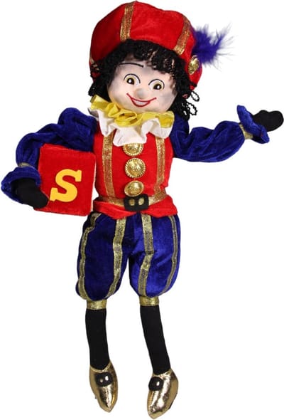 Roetveeg Pietenpop, Piet van Sinterklaas, met Sinterklaasboek in zijn hand, 40 cm