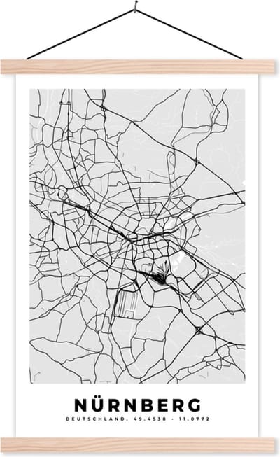 Posterhanger incl. Poster 40x60 cm - Schoolplaat - Mainz - Kaart - Stadskaart - Plattegrond - Duitsland - Textielposter - Blanke latten - Stadskaart