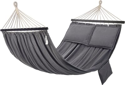 NAVOBIZ 2-persoons hangmat - Hammock - Tuinhangmat - Houten spreidstokken - 2 kussens - Inclusief draagtas - Zijvak - Grijs