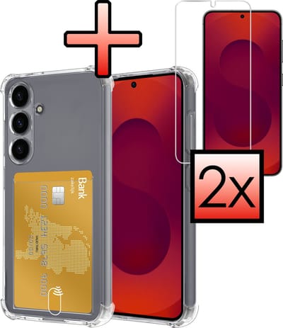Hoesje - Geschikt voor Samsung Galaxy S25 - Met 2x Screenprotector - Pashouder - Kaarthouder - Telefoon Hoes Shockproof - Siliconen Case - Back Cover - Shock Proof - Pasjes Houder - Transparant