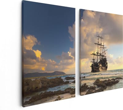 Artaza Canvas Schilderij Tweeluik Piratenschip aan de Kust bij Zonsondergang - 80x60 cm - Wanddecoratie Woonkamer - Schilderijen - Muurdecoratie