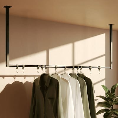CLP Fenton Kledingstang - kledingstandaard - kledingroede - garderobestang - kleding stang - voor plafondmontage - met 12 haken - zwart