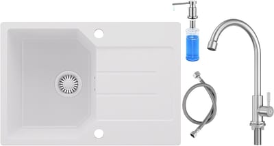 Anycee MAX Spoelbak Keuken Wit - Granieten Spoelbak 65x45CM - Spoelbakken Keuken Met Koudwater Keukenkraan en Zeepdispenser - Spoelbakken Met Afdruip - Opbouw Spoelbak