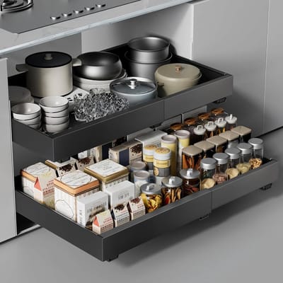 SnelShoppen - 2pcs Telescopische Lades, Uittrekbare Keuken Kast Organizer, Keuken Opbergsysteem voor Keukenkasten, 32-48cm W x 42cm D x 6cm H, Geen Bo