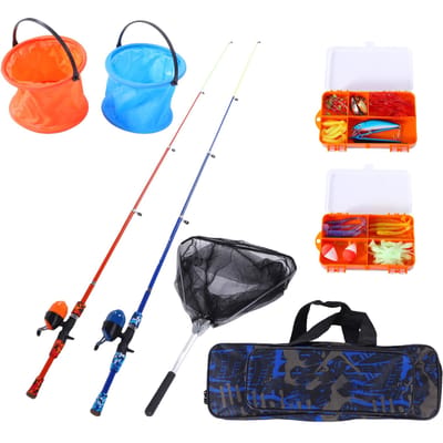 2-pack Hengel en Molen Combo Draagbare Visuitrusting voor Kinderen met Tacklebox Haken en Kunstaas Draagtas Opvouwbaar Net Emmer Set blue