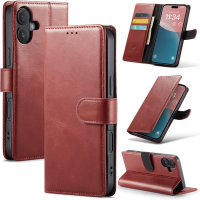 Casemania Echt Leren Hoesje Geschikt voor Apple iPhone 16 Plus - Rood - Leer Wallet Bookcase - Portemonnee Telefoonhoesje met Pasjeshouder