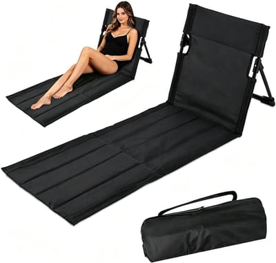 SnelShoppen - Strandmat met Rugleuning - Extra Lange Opvouwbare Strandstoel - Draagbare Vloerstoel - Inklapbaar Tribunekussen - Zwart - Voor Strand, V