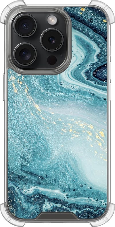 Shockproof hoesje - Geschikt voor iPhone 15 Pro - Marmer blauw - Extra sterke case - TPU/polycarbonaat - Marmer - Blauw, Transparant