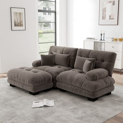 MODENUIT Hoekbank Modulaire Zitbank - Met Verplaatsbare Ottoman En Kussens - Voor Woonkamer - Chenille Bruin