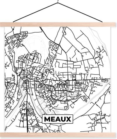 Posterhanger incl. Poster 40x40 cm - Schoolplaat - Stadskaart - Frankrijk - Meaux - Kaart - Plattegrond - Zwart wit - Textielposter - Blanke latten - Stadskaart