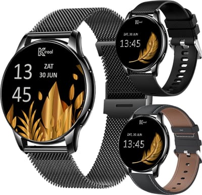 Kiraal Valencia AMOLED Smartwatch voor Dames - RVS, Lederen en Siliconen Bandje - Hartslagmeter - Stappenteller - Slaapmonitor - Multisport - Compatibel met Android en iOS - Zwart