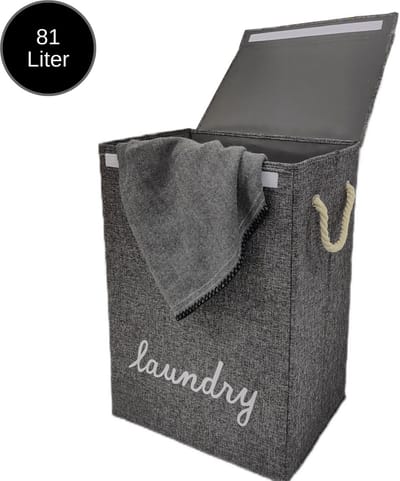 Janse® Wasmand grijs met wit - Stevige opvouwbare wasmand met deksel - 81 Liter - Met handvatten - Laundry basket - Badkamer organizer - Opbergbak - Ruime wassorteerder
