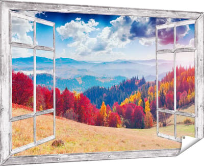 Gards Tuinposter Doorkijk Kleurrijke Herfstbos met Heuvellandschap - 180x120 cm - Tuindoek - Tuindecoratie - Wanddecoratie buiten - Tuinschilderij