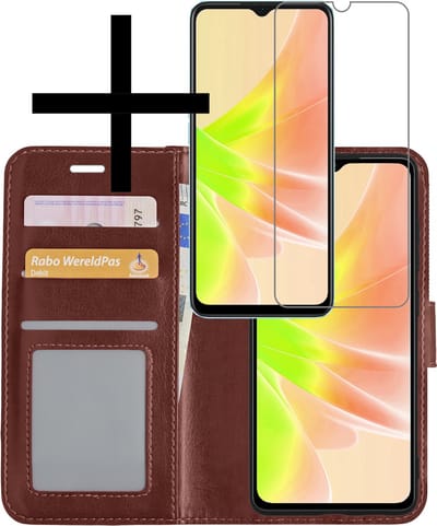 Hoesje - Met Screenprotector - Geschikt voor OPPO A17 - Luxe Pasjeshouder - Bookcase Portemonee - Flip Case - Kunstleer Book Case - Flipcase - Book Cover - Walletcase - Portemonneehoes - Bruin
