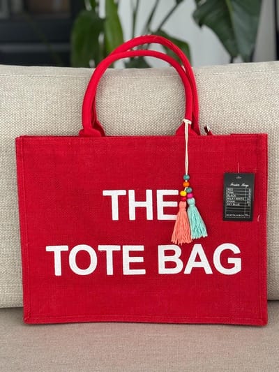 Damestas - The Tote Bag - Linnen - Rood met witte letters - Extra Flos - 42 x 32 cm.