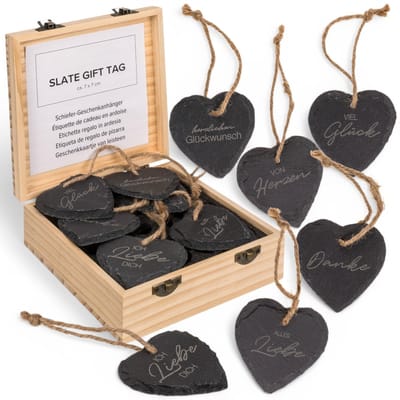 Dailygoods- Cadeauhangers set van 24 - Hartvormige leisteen - Gegraveerde spreuken - Jute koord - Houten doos - Perfect voor decoratie - Decoratiehangers