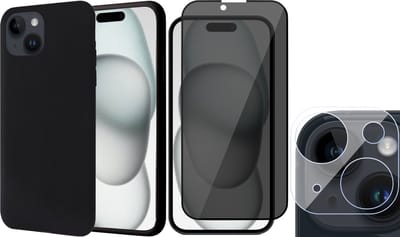 Hoesje geschikt voor iPhone 15 Plus - Privacy Screenprotector FullGuard & Camera Lens Screen Protector - Back Cover Case SoftTouch Zwart