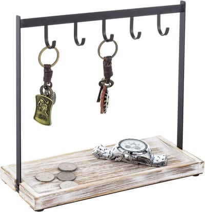 Metalen sleutelhouder met 5 haken en houten lade voor sieraden en sleutels