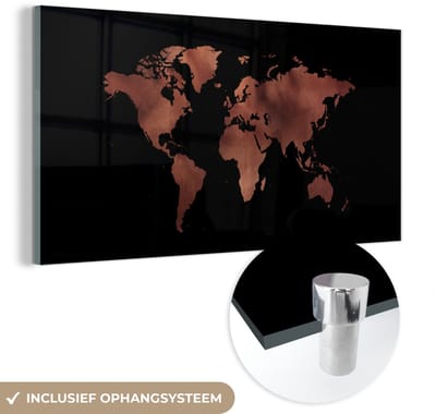 ® Glasschilderij 160x80 cm - Schilderij acrylglas - Wereldkaart - Leer - Roze - Foto op glas - Muurdecoratie woonkamer - Wanddecoratie slaapkamer - Schilderijen