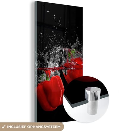 MuchoWow® Glasschilderij 60x120 cm - Schilderij acrylglas - Paprika - Groente - Stilleven - Water - Rood - Foto op glas - Schilderijen