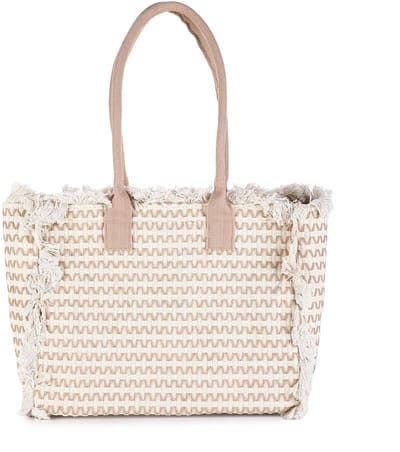 Shopper Tas - Handtas - Strandtas - Geweven - Trendy Tas - Met Open Top + Ritssluiting + Extra Ritsvakje - Creme/Khaki