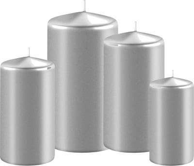 Set van 4x stuks metallic zilveren stompkaarsen 8-10-12-15 cm met diameter 6 cm - Sfeer kaarsen voor binnen