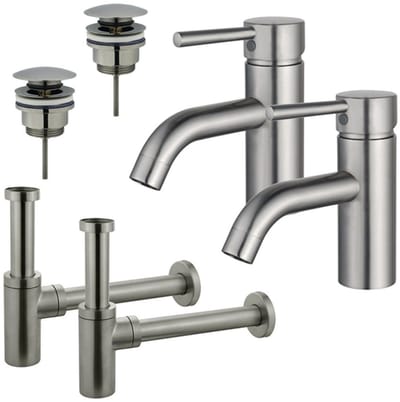 FugaFlow Eccelente Sobrado Badkamer Wastafelkraanset - voor dubbele wastafel - lage wastafelkraan - klikwaste plug - design sifon - PVD Geborsteld RVS