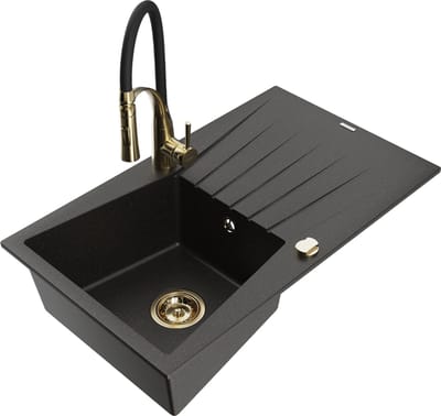 Mexen Cesar granieten gootsteen 1-komorige met druiprek en keukenmengkraan Aster, zwart/goud metallic - 6514-75-73450-57-G