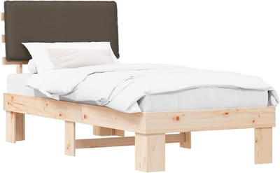 Eenpersoonsbed Grenenhout - Houten Bed Taupe - Slaapkamer Inrichten - Gevoerd Hoofdeinde - 90 x 200 cm - Taupe