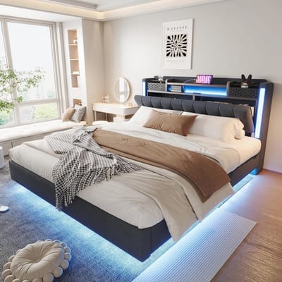 Tweepersoonsbed 160x200cm met LED Verlichting en USB-oplaadpoort, Gestoffeerd Bedframe met Opbergruimte en Lattenbodem
