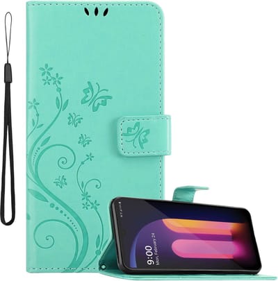 Cadorabo Hoesje geschikt voor LG V60 ThinQ in BLOEMEN TURKOOIS - Beschermhoes in bloemmotief met magnetische sluiting, standfunctie en kaartsleuven Book Case Cover Etui