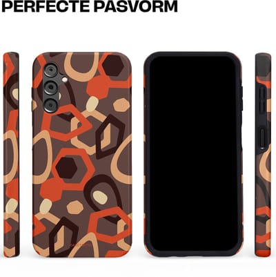 Casetastic hoesje geschikt voor Samsung Galaxy A14 (2023) 5G / Samsung Galaxy A14 (2023) 4G - Dubbellaagse bescherming - Abstracte Retro Vormen - Fashion Case - Donkergrijs Terracotta Taupe