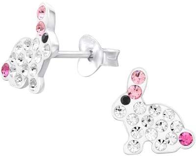 Joy|S - Zilveren konijn oorbellen - 9 x 9.6 mm - wit met roze - kristal - kinderoorbellen
