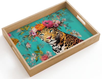 Dienblad hout 40x30 cm - Schootdienblad - Luipaard - Bloemen - Kroon - Borrelplank rechthoek - Plateau dienbladen