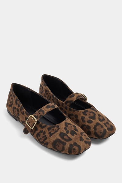 Yours Bruine Mary Jane Flats Met Luipaardprint En Gespdetail In Brede Epasvormsize 37E