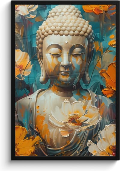 Poster in lijst - Fotolijst 60x90 cm - Posters - Buddha - Bloemen - Kleurrijk - Modern - Posterlijst zwart - Decoratie - Wanddecoratie woonkamer - Muurdecoratie slaapkamer