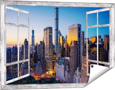 Gards Tuinposter Doorkijk New York bij Zonsopgang - 90x60 cm - Tuindoek - Tuindecoratie - Wanddecoratie buiten - Tuinschilderij