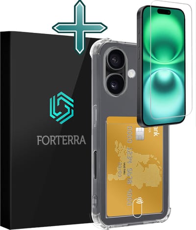 Hoesje Geschikt voor Apple iPhone 16 - Met Screenprotector - Pashouder - Kaarthouder - Back Cover - Telefoon Hoes Shockproof - Siliconen Case - Shock Proof - Pasjes Houder - Transparant