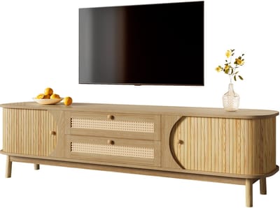 TV Meubel met Rieten Fronten, Landhuis Stijl, Massief Houten Constructie, Opbergkast met Deuren en Laden, Natuurlijk Afwerking, Woonkamer Meubilair