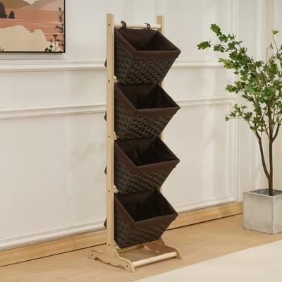 De stijlvolle manden standaard is perfect voor de organiseren van uw huis - Multi – Functioneel - Badkamer - Woonkamer - Logeerkamer - Kinderenkamer - katoen, hout, rotan, kleur donkerbruin.