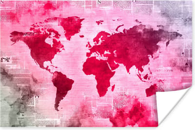 Poster 30x20 cm - Wereldkaart - Rood - Krant - Posters - Kamer decoratie - Wanddecoratie woonkamer - Muurdecoratie slaapkamer