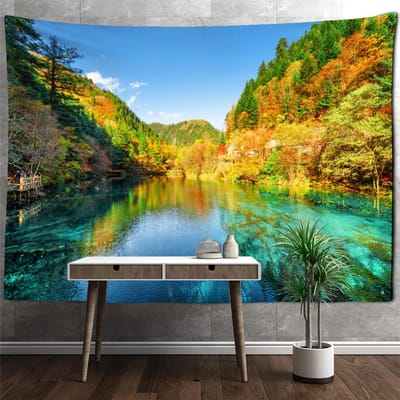 Rivier Berg Uitzicht Wandtapijt Wandhanger Natuur Landschap Boheems Hippie Slaapkamer Woonkamer Wanddecoratie 95x70cm