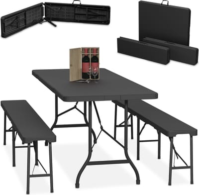 biertafel set - 3-delig - 180 cm - inklapbaar - kunststof en staal - camping - zwart