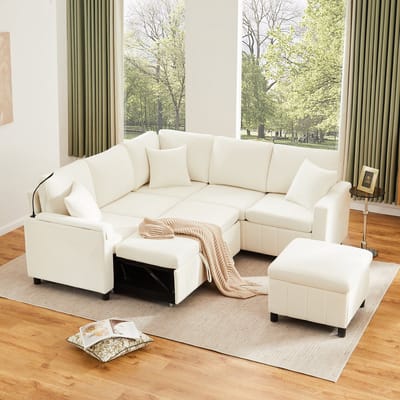 STILVORA Hoekbank 205 X 205 Cm - Slaapfunctie Uitschuifbaar Met Hocker En Opbergruimte - Leeslamp En Oplaadpoorten - Chenille Beige