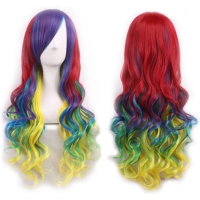 Soowee Synthetisch Haar Ombre Regenboog Cosplay Pruik met Pony Rood Geel Paars Groen Blauw Pruiken voor Zwarte Vrouwen 28inches
